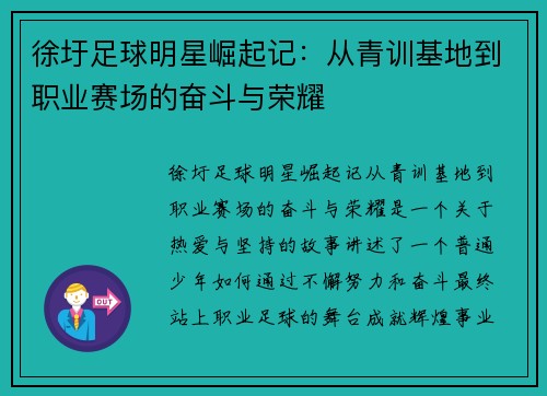 徐圩足球明星崛起记：从青训基地到职业赛场的奋斗与荣耀